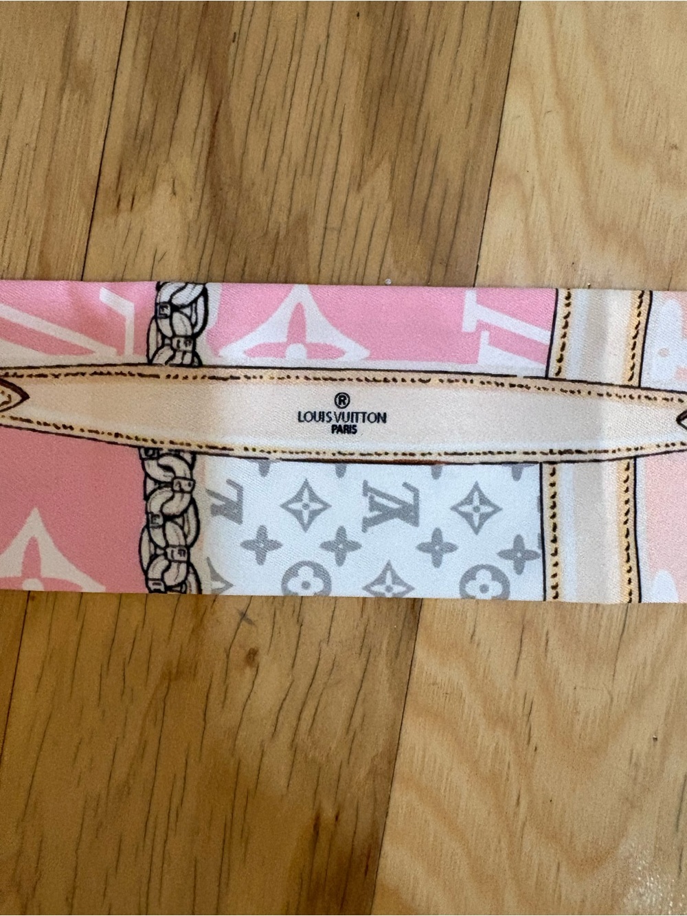 Pink White Monogram Silk Twilly with Beige Strap Motifs - Picture 2 of 4